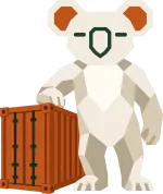 Geometric koala standing beside a shipping container