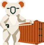 Geometric koala measuring a shipping container with a tape measure