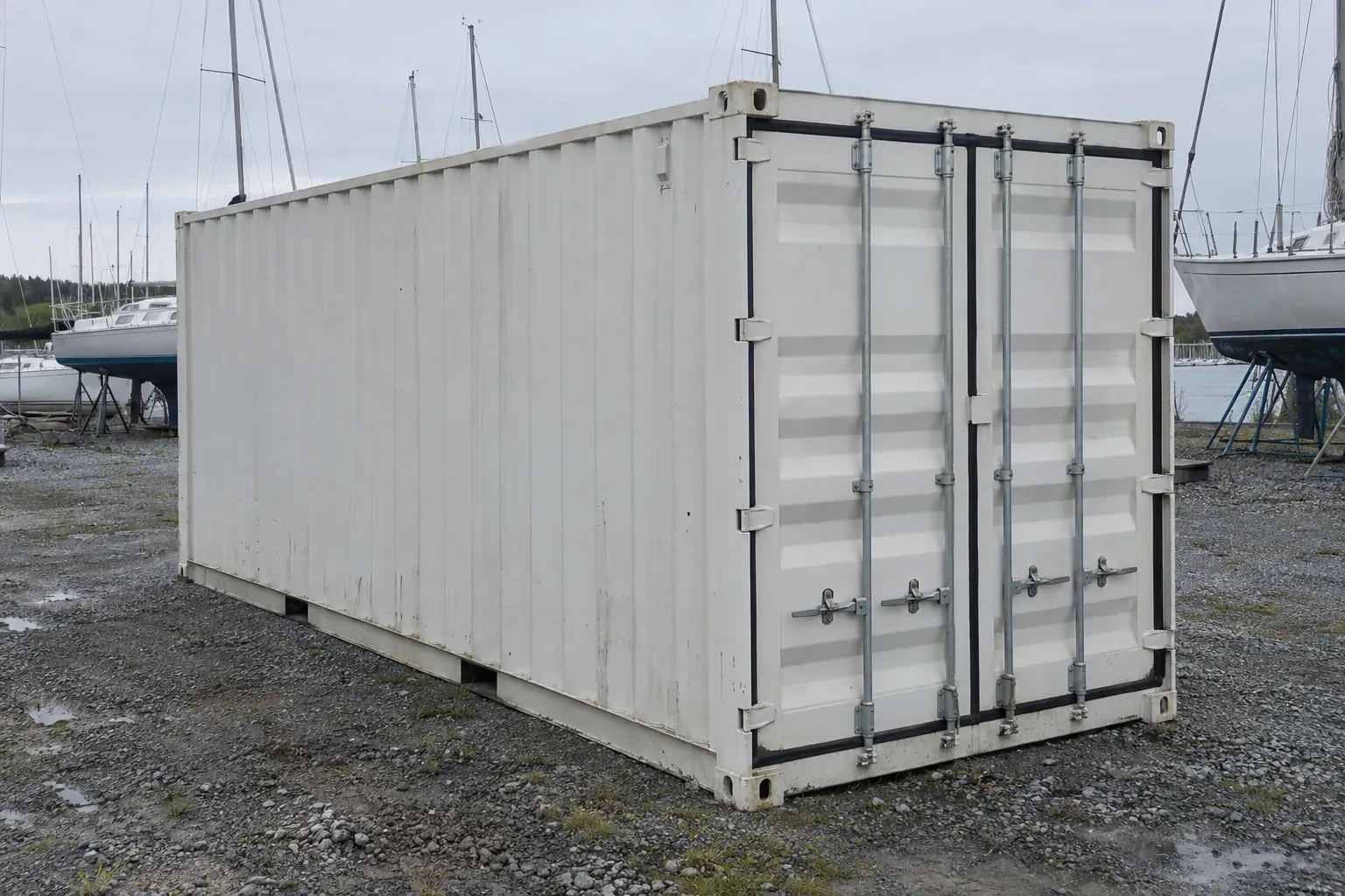 New white 20ft container in a boatyard by the water near Rhode Island