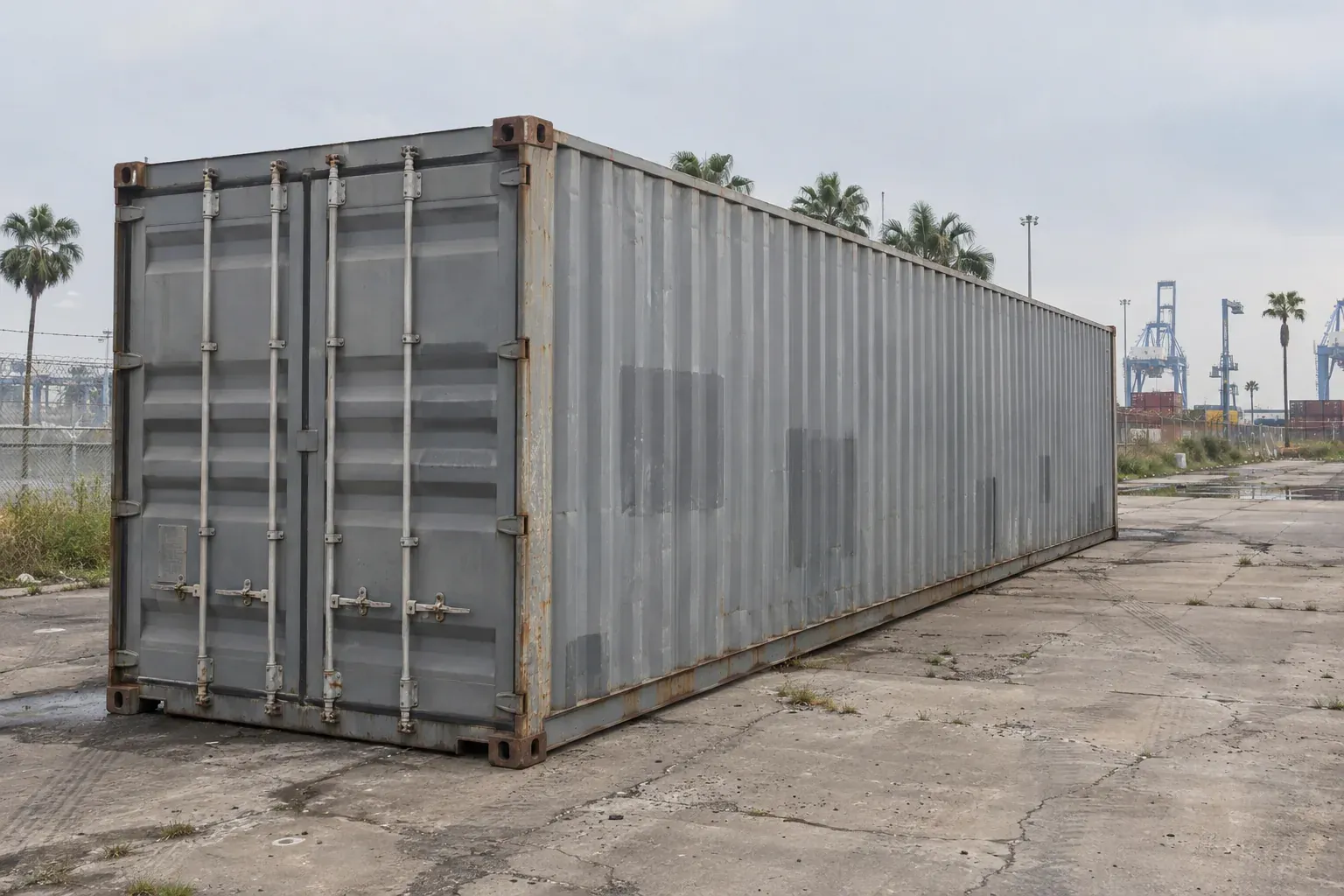 Used grey 40ft high cube in an industrial yard near the coast near Hawaii