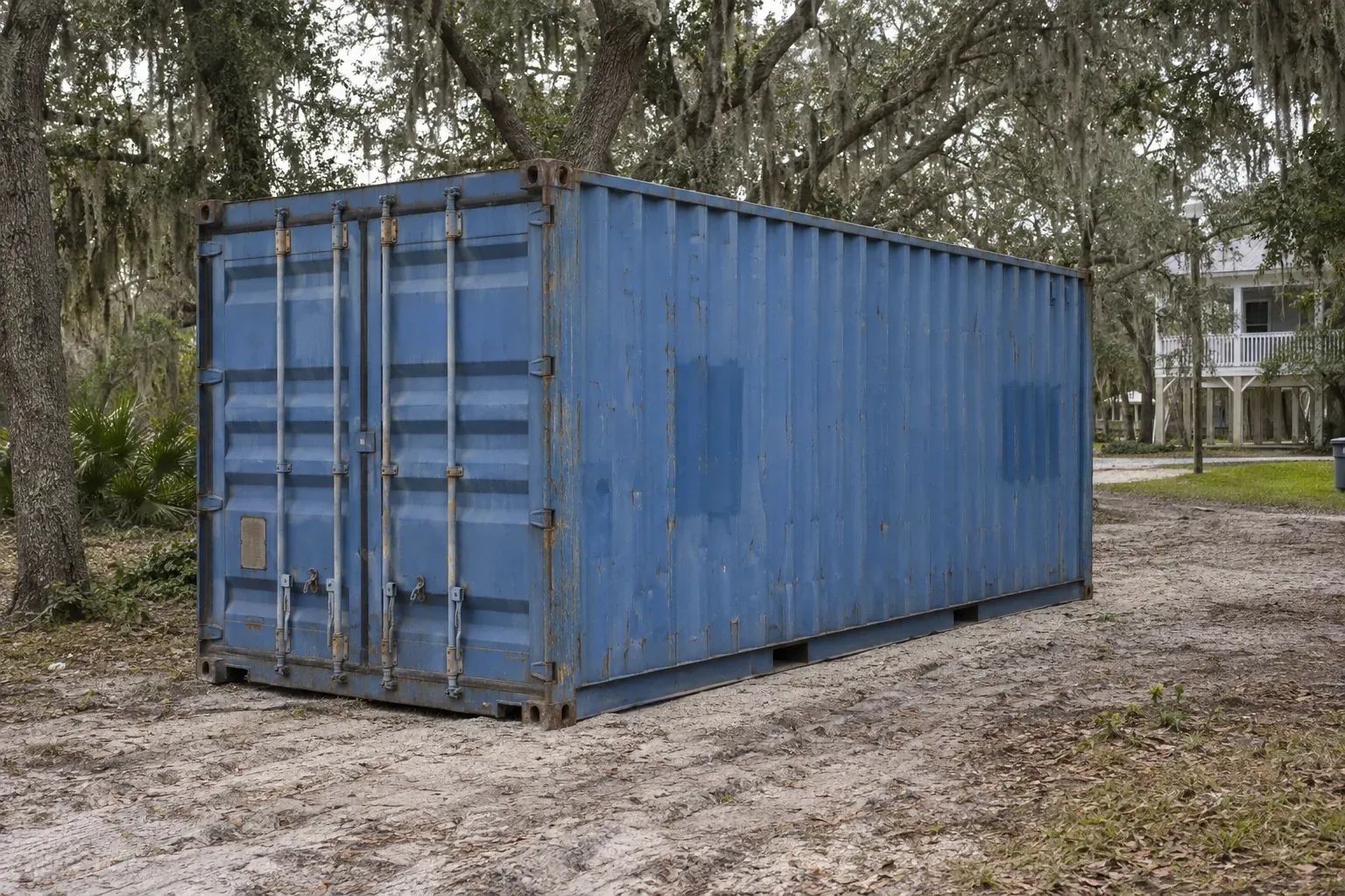 Used blue 20ft container under live oaks with Spanish moss near Mississippi