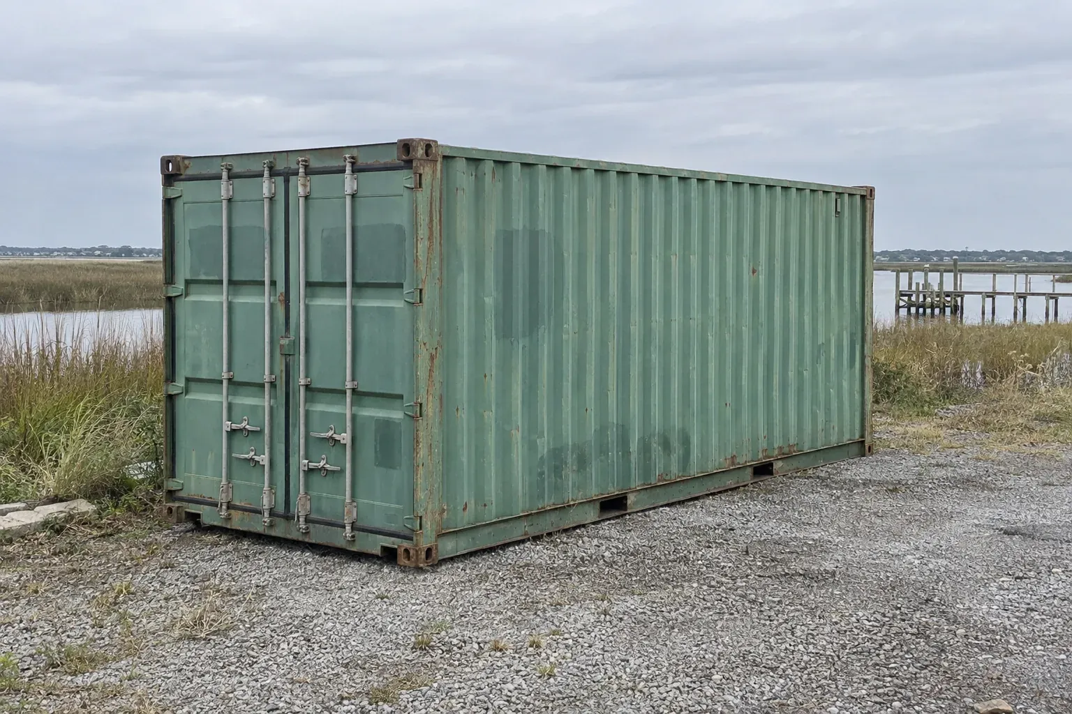 Used green 20ft container at the edge of a salt marsh near Delaware