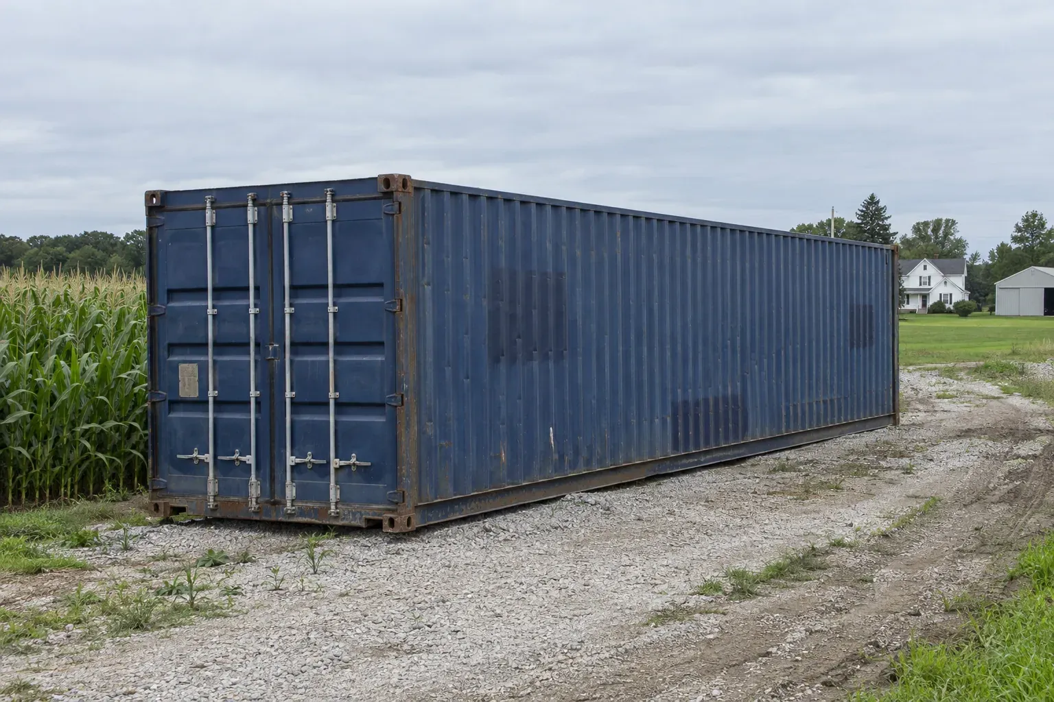 Used blue 40ft container at the edge of a corn field outside Indiana