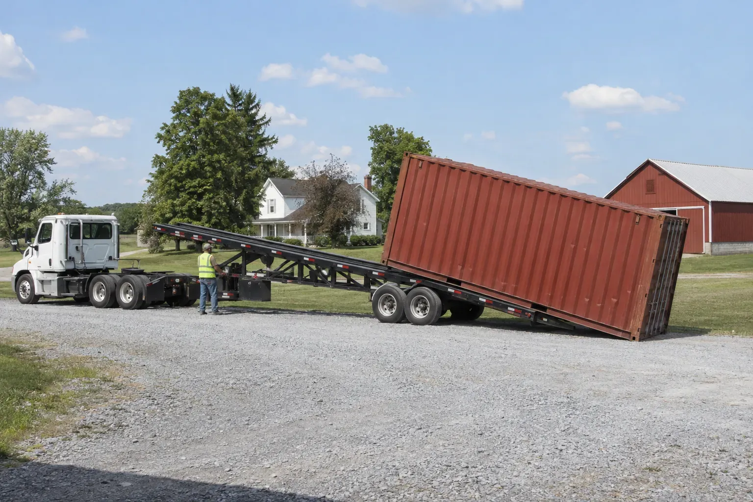 A tilt-bed truck sliding a container onto a gravel driveway