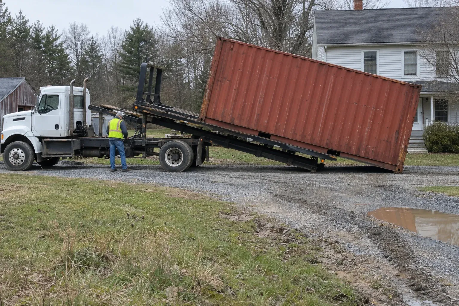 A tilt-bed truck sliding a used container off its tilted bed onto a gravel driveway