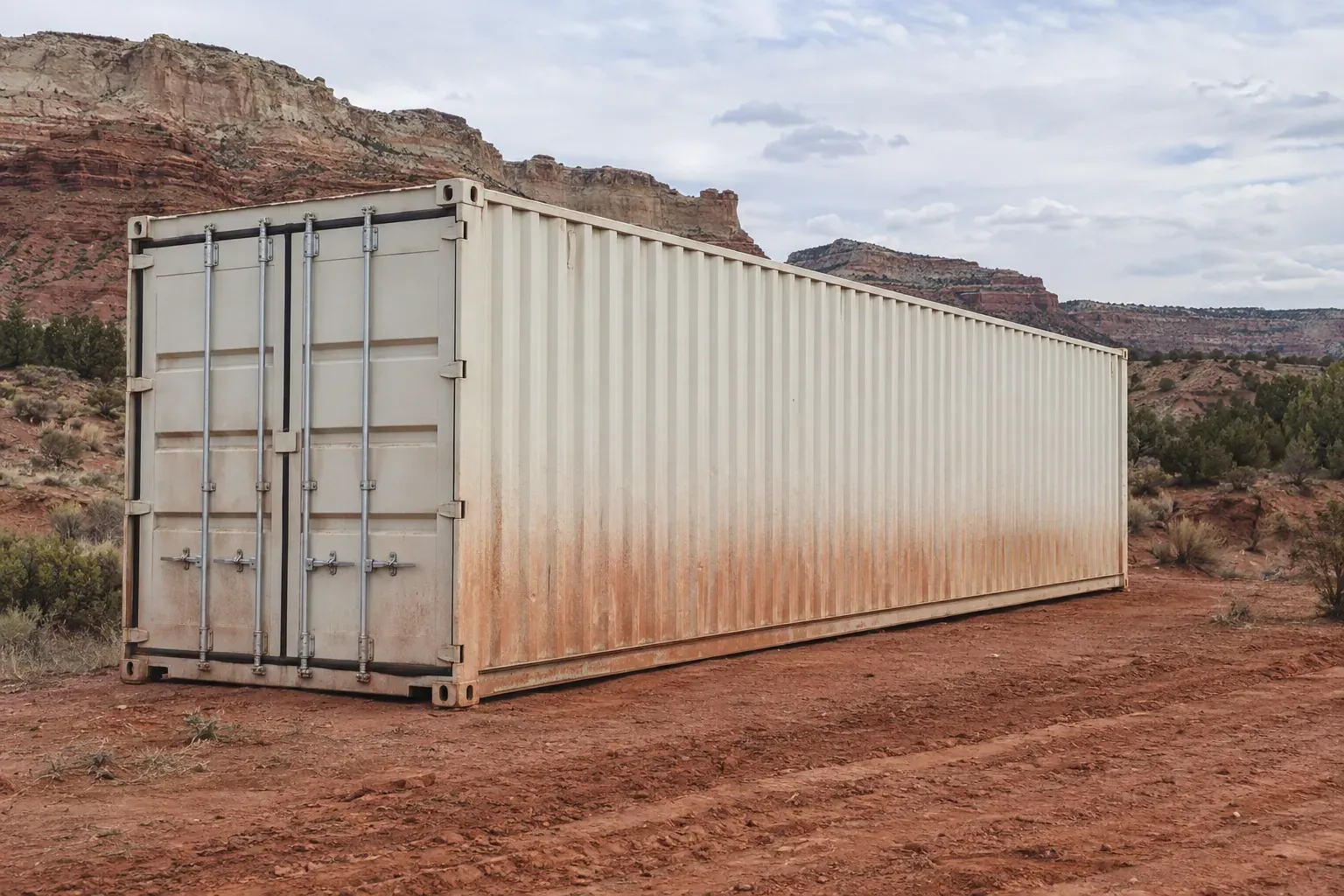 New off-white 40ft high cube on a dirt lot below red rock mesas outside Utah