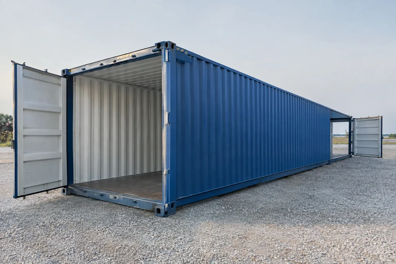 A long container with cargo doors open at both ends so daylight shows straight through