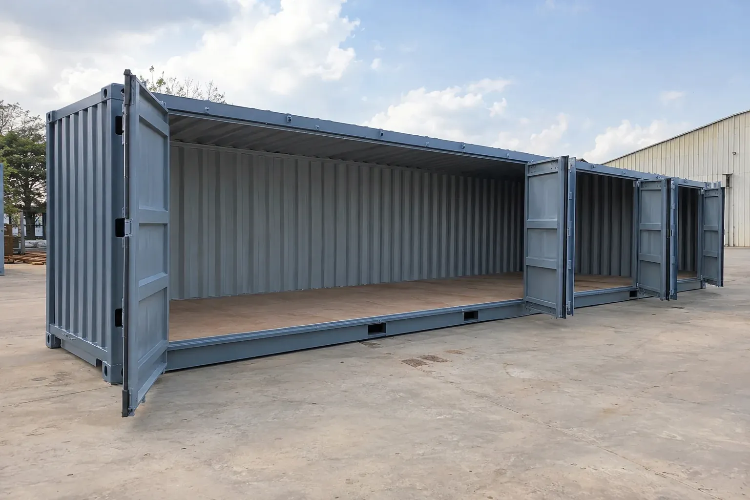 An open-side container with its long side fully open