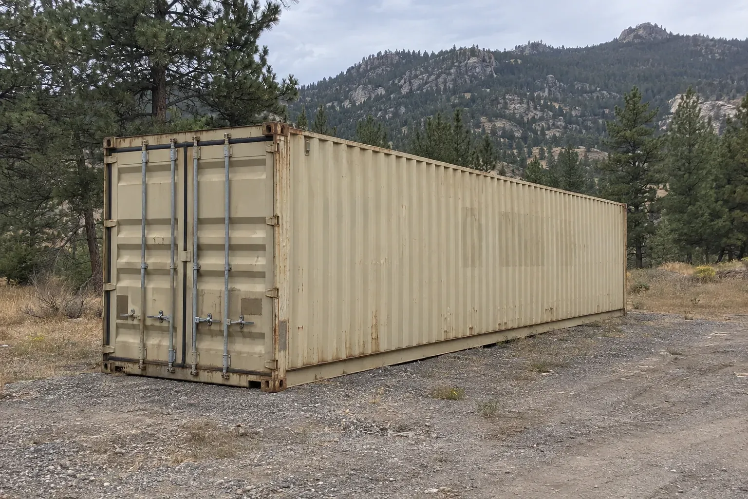Used tan 40ft container on a foothills property under ponderosa pines outside Wyoming