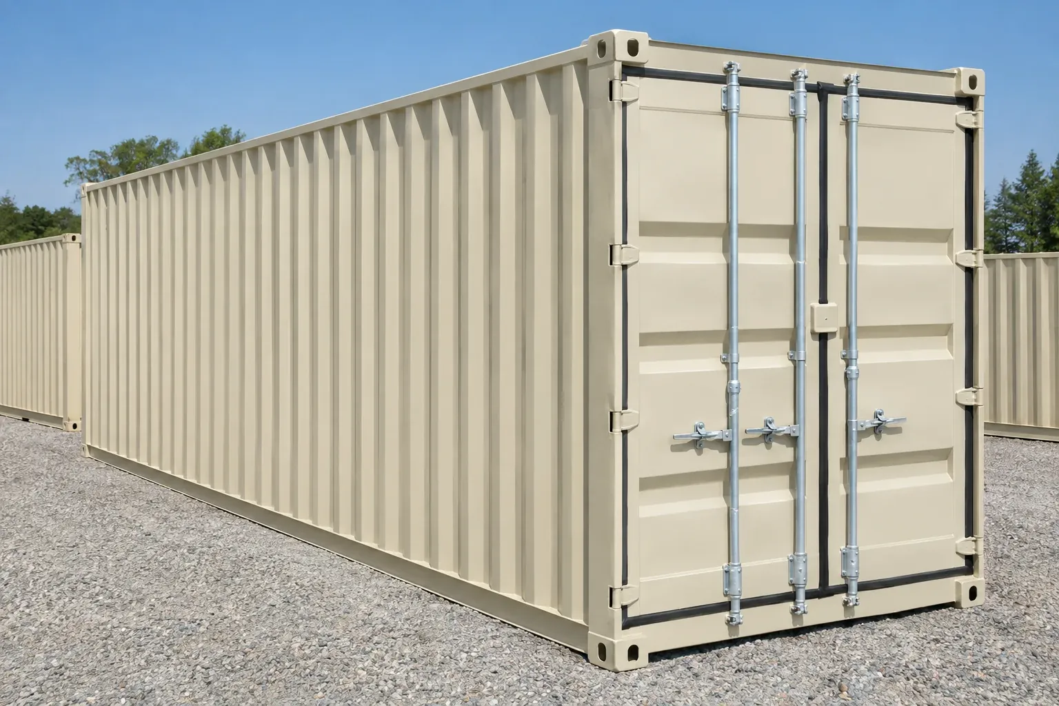 A near-new beige one-trip shipping container with crisp, clean paint