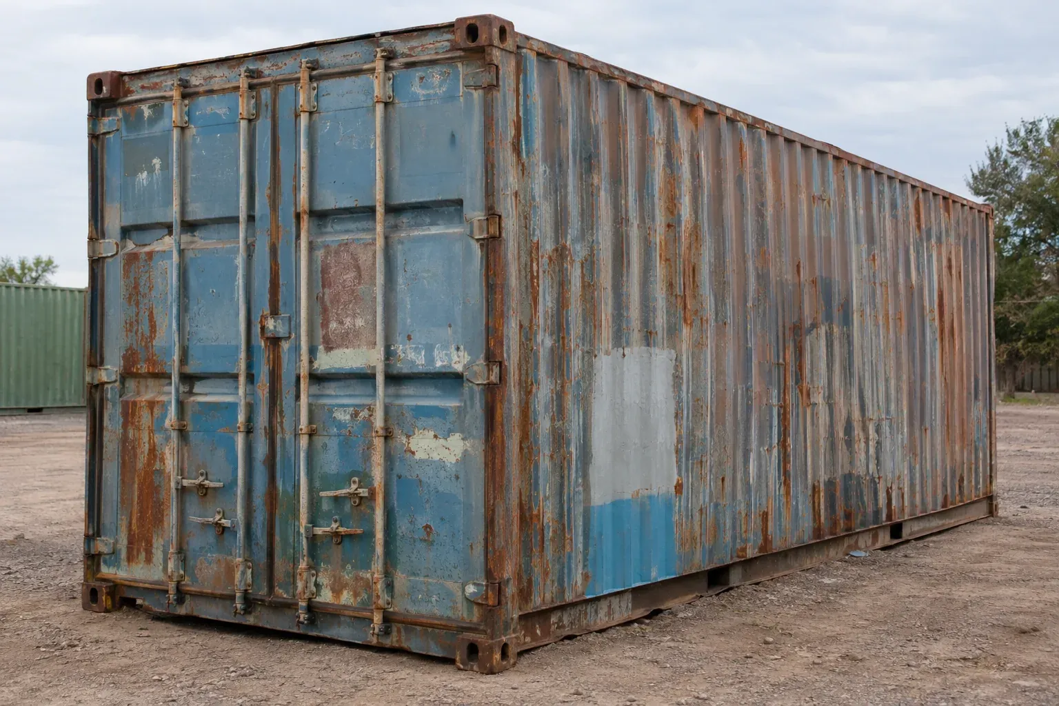 An older used container with heavy rust streaks and dents but an intact roof and closed doors