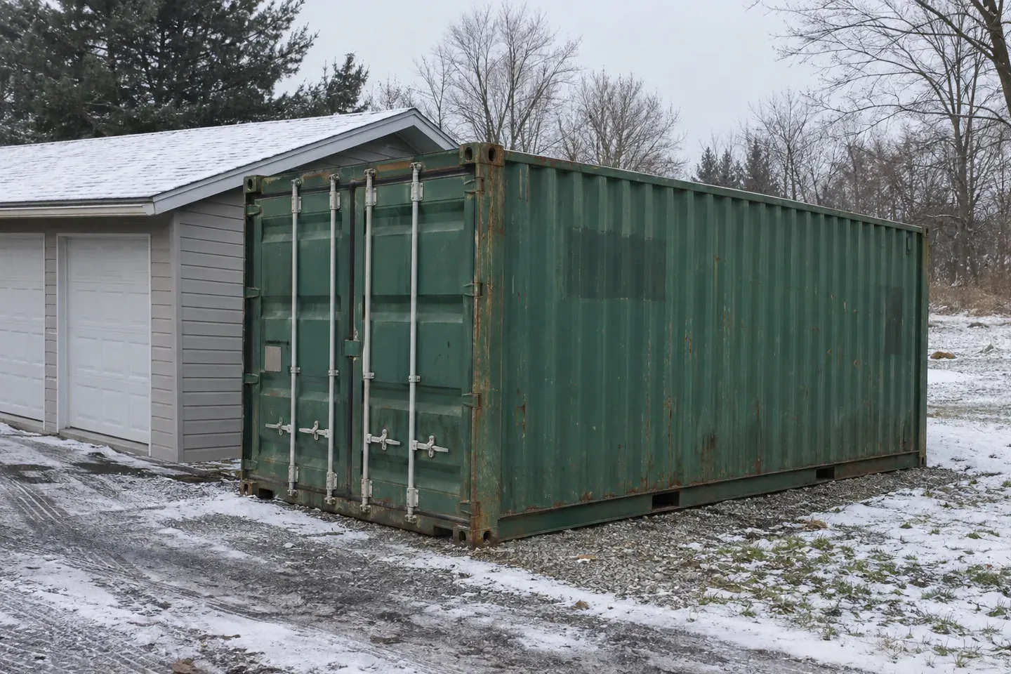 Used green 20ft container beside a garage after a light snow in Michigan