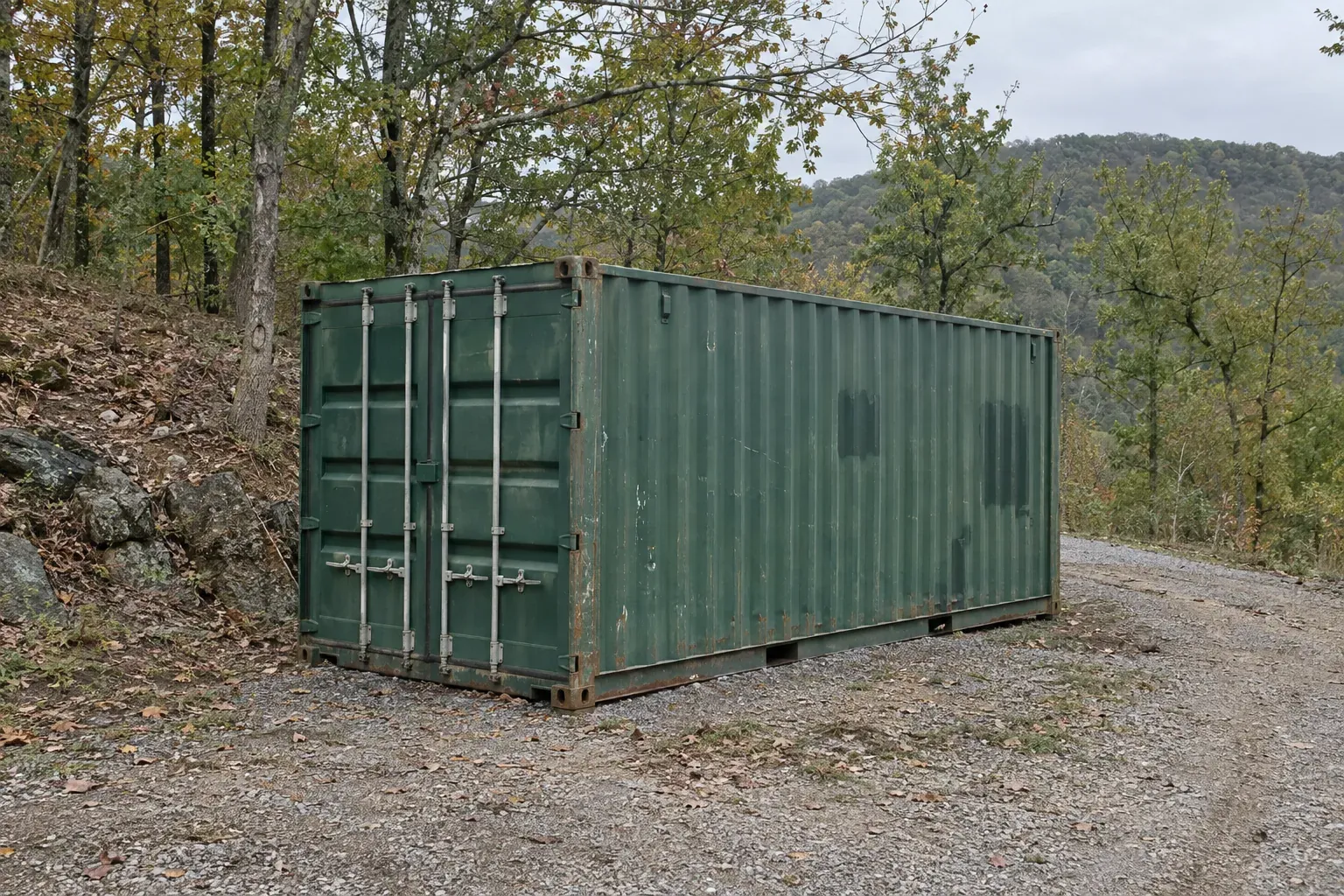 Used green 20ft container on a gravel pad in a wooded hollow outside Pennsylvania