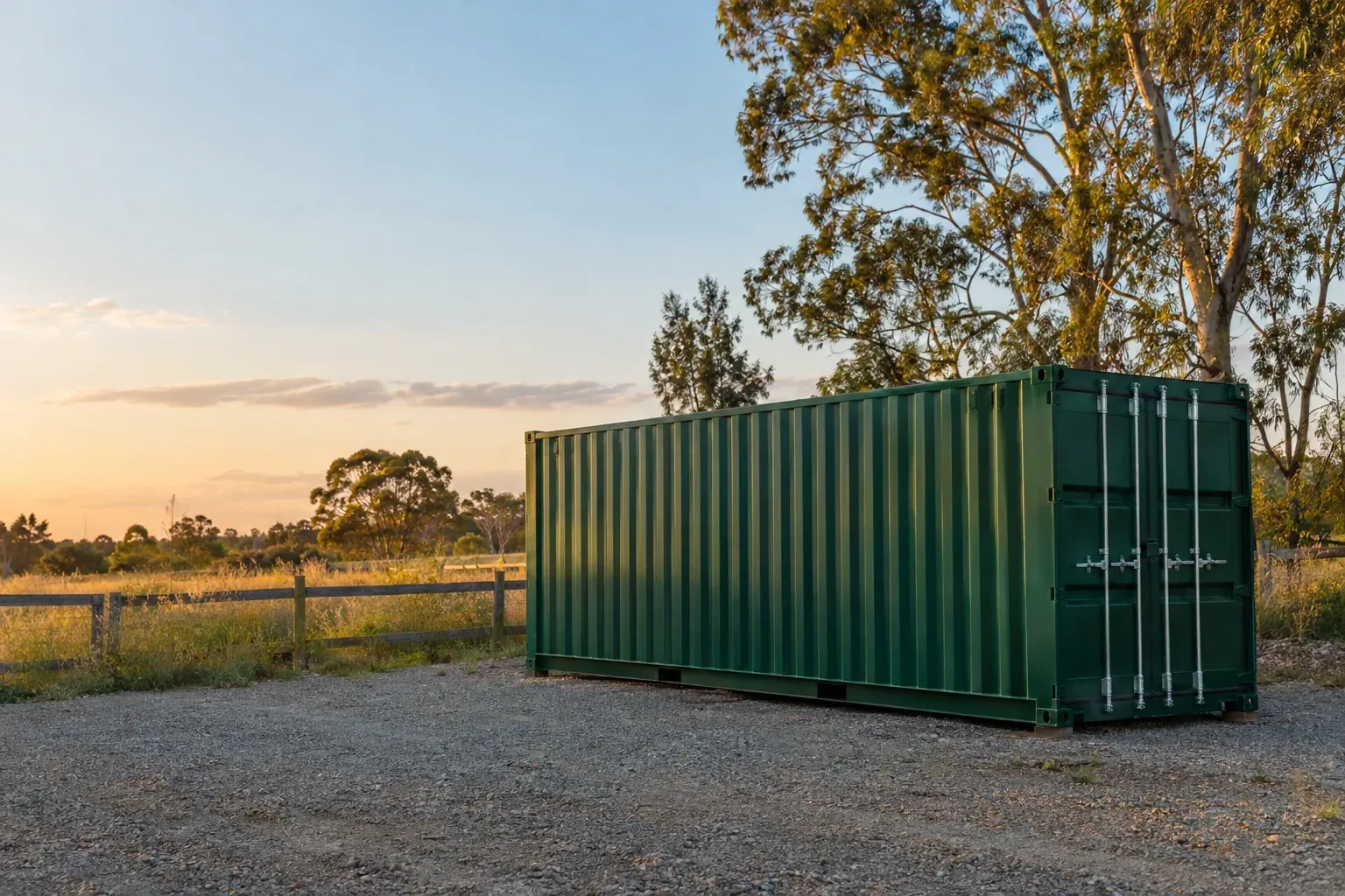 A green 20 foot shipping container on a gravel pad at the edge of a rural property at sunset