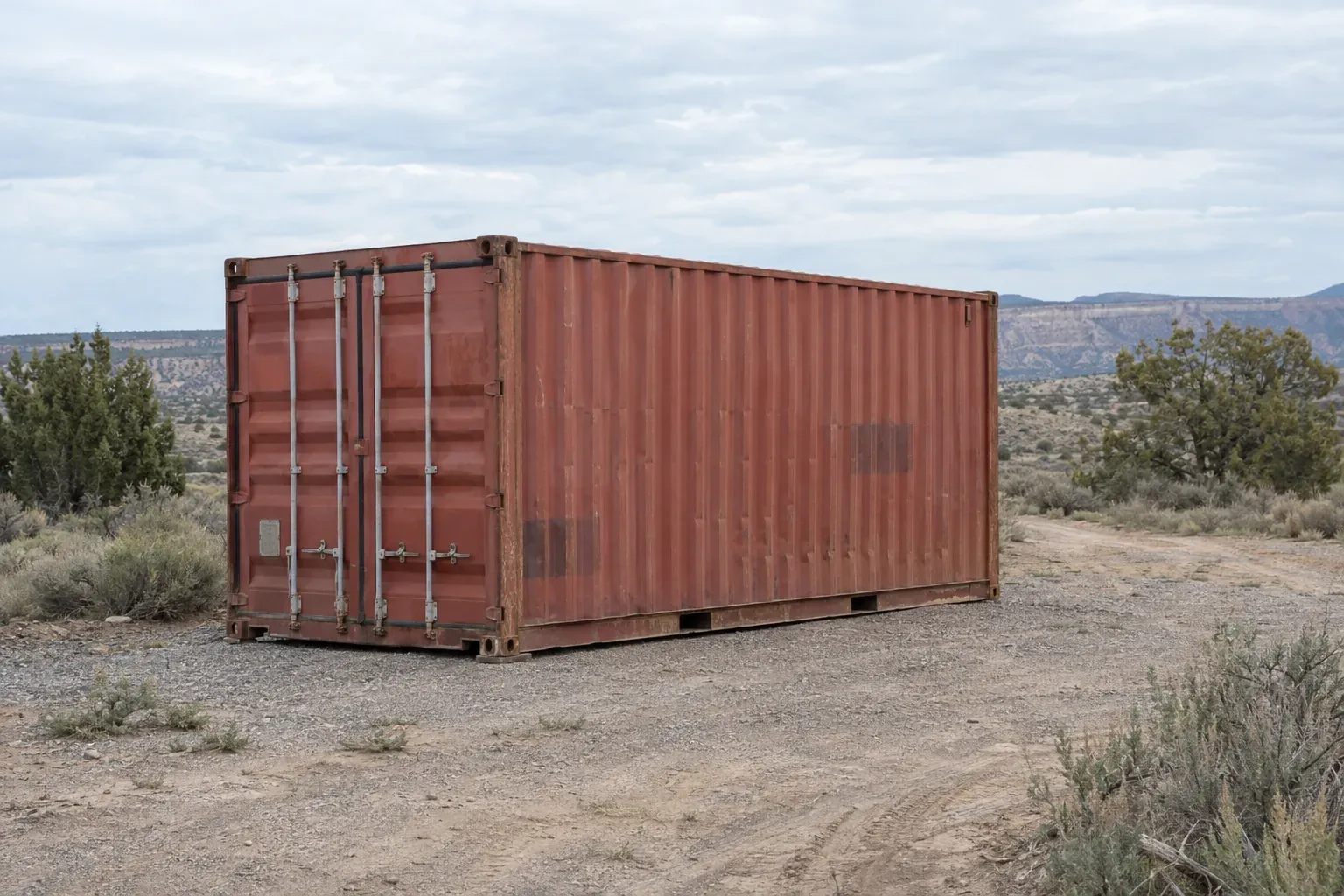 Used rust-red 20ft container on open high desert ground among sagebrush outside Nevada