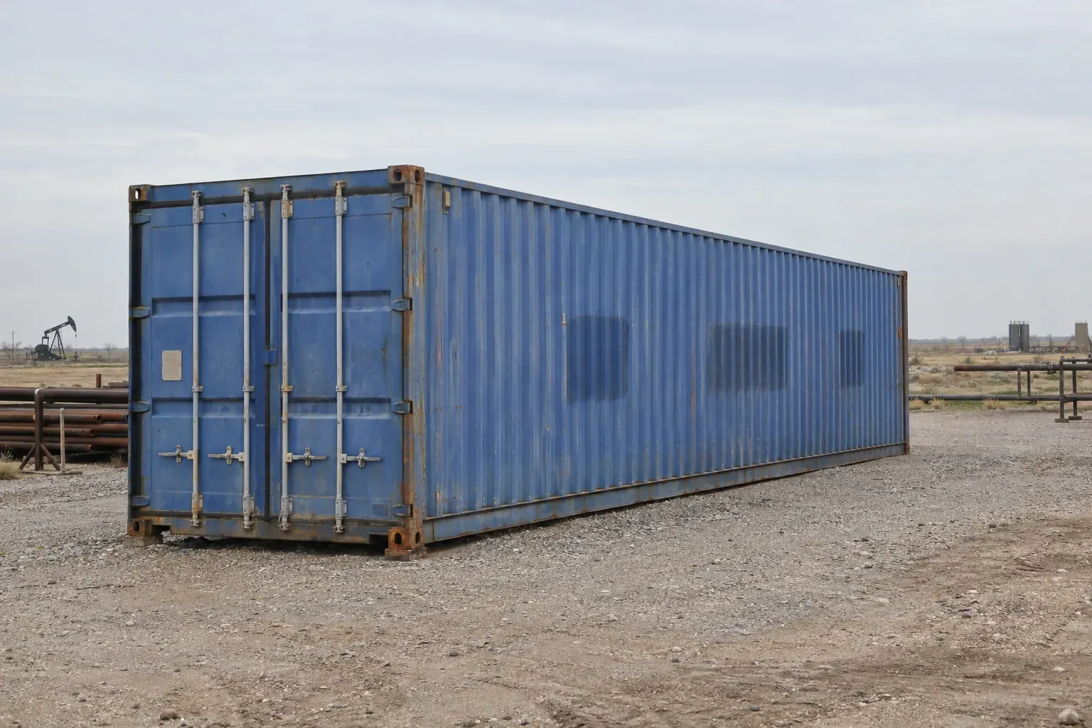 Used blue 40ft high cube on a gravel pad in flat oil country outside Oklahoma