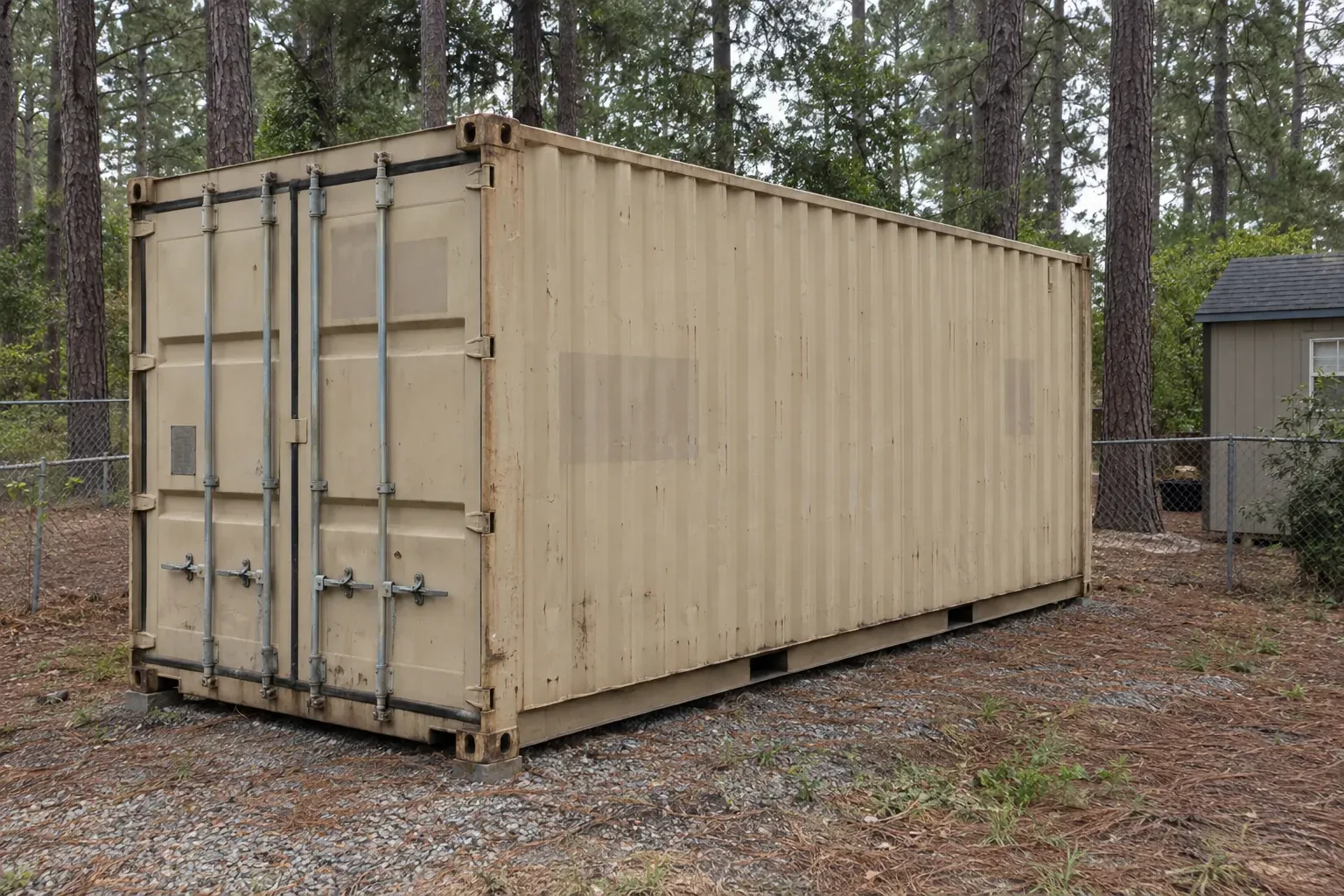 Used tan 20ft container in a backyard under tall pines in South Carolina