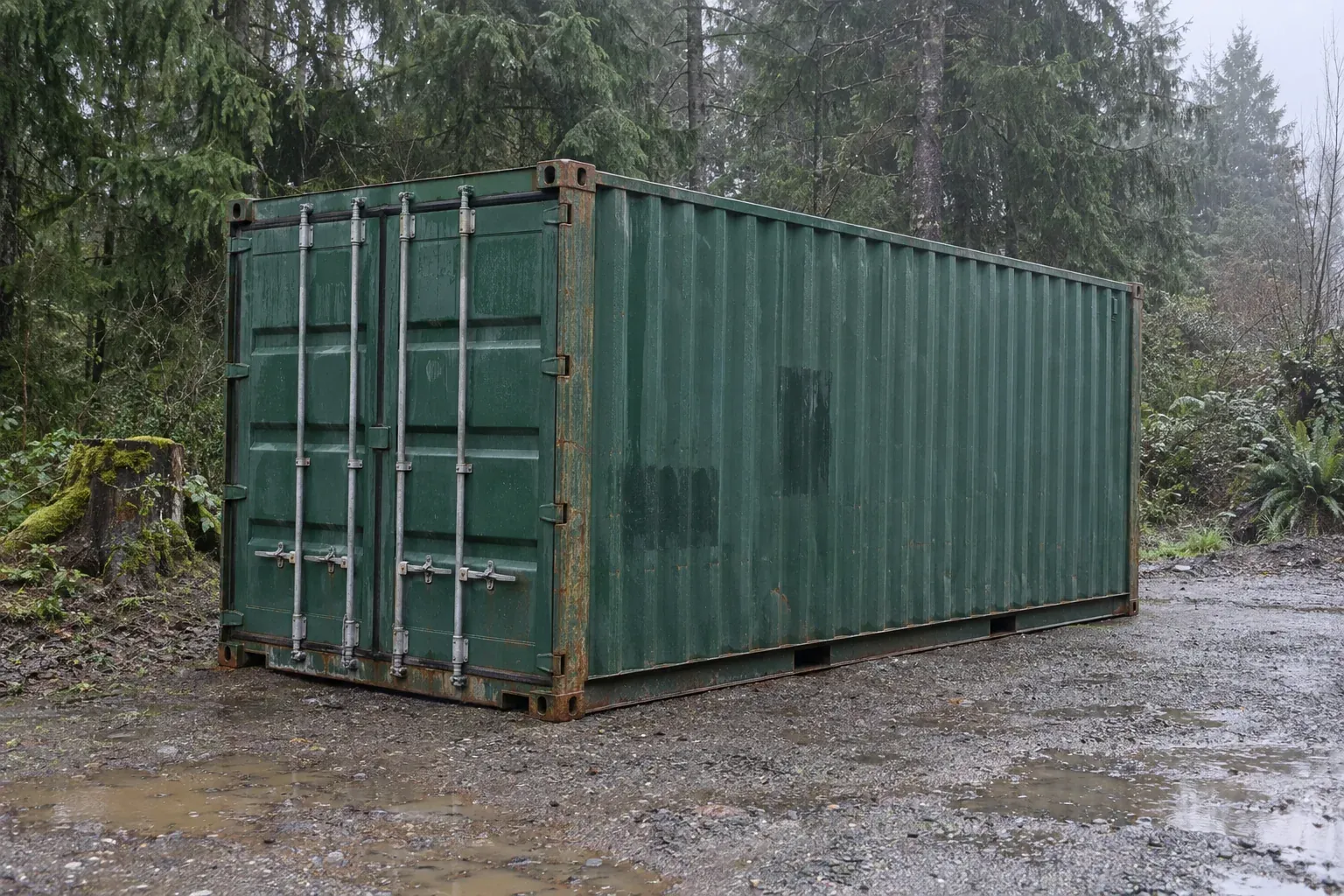 Used dark green 20ft container on wet gravel among fir trees outside Oregon