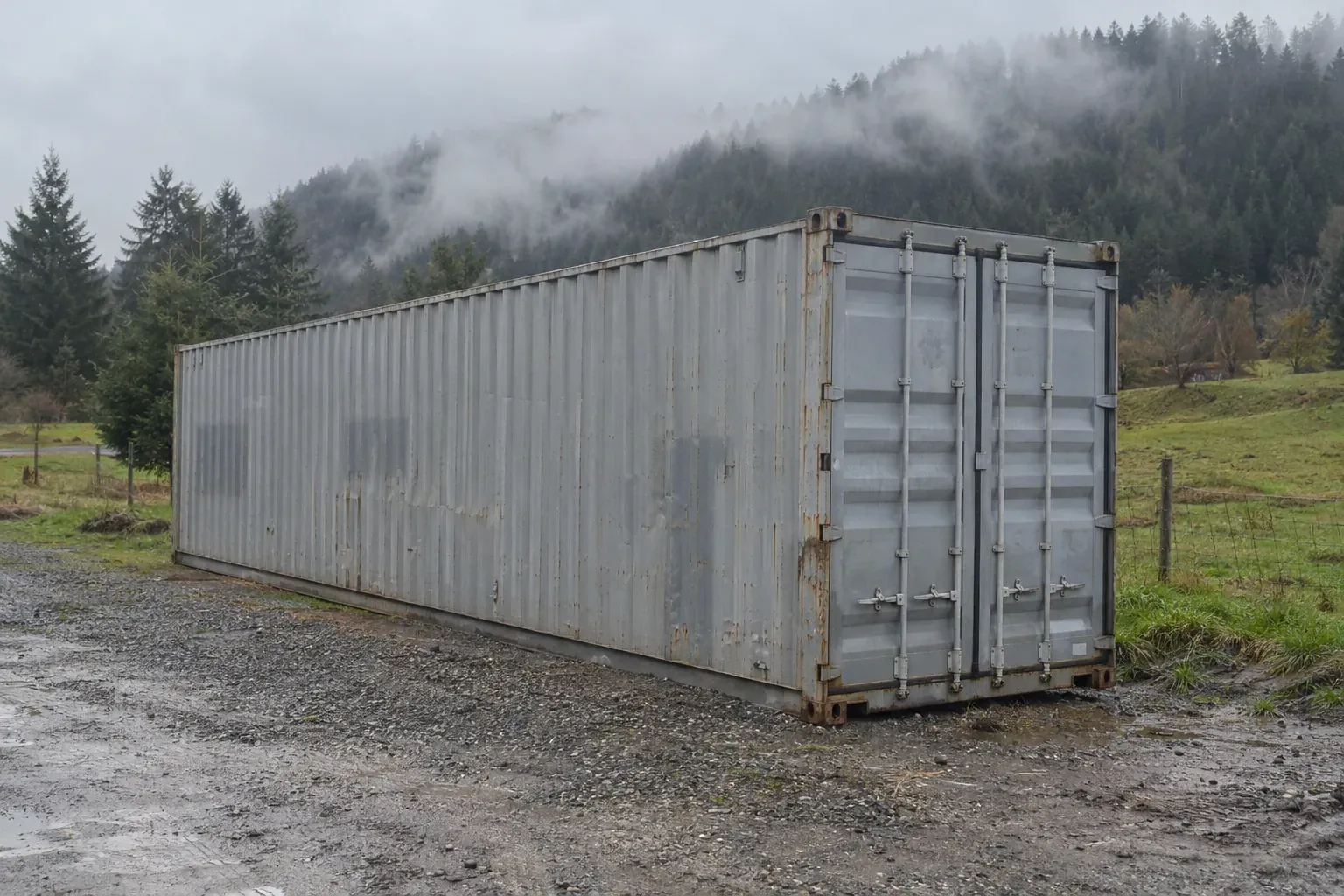Used grey 40ft container by a wet green pasture outside Washington