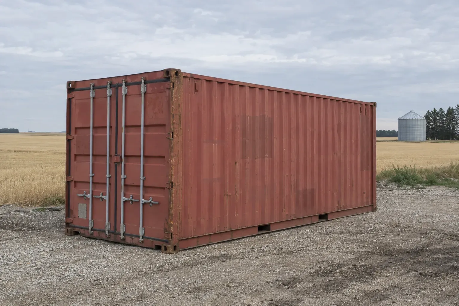 Used red 20ft container beside a wheat field outside Tennessee