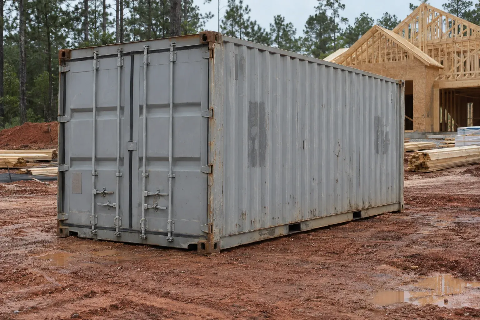 Used grey 20ft container on a red clay jobsite outside Georgia