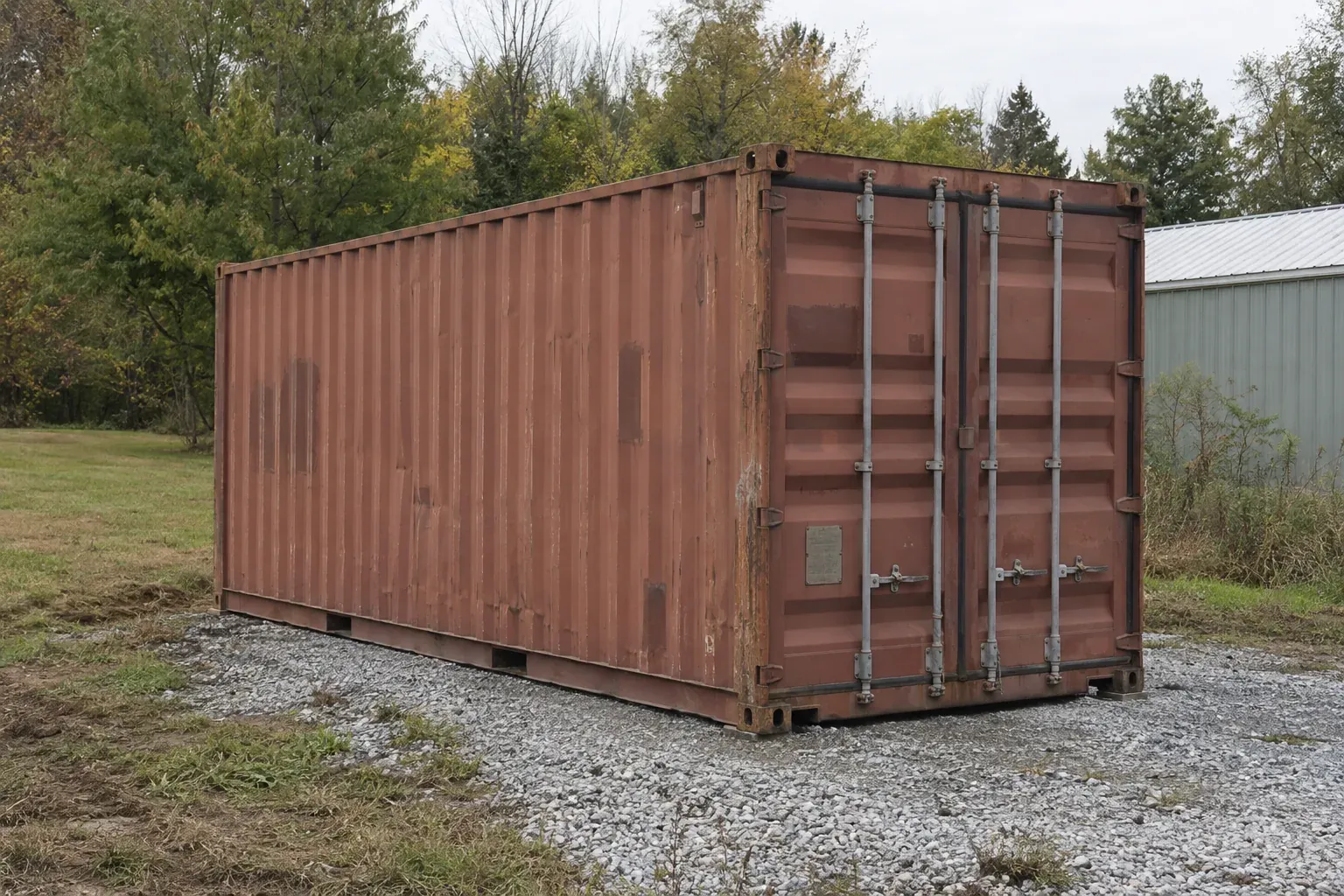 Used rust-brown 20ft container on a gravel pad at a rural property outside Missouri