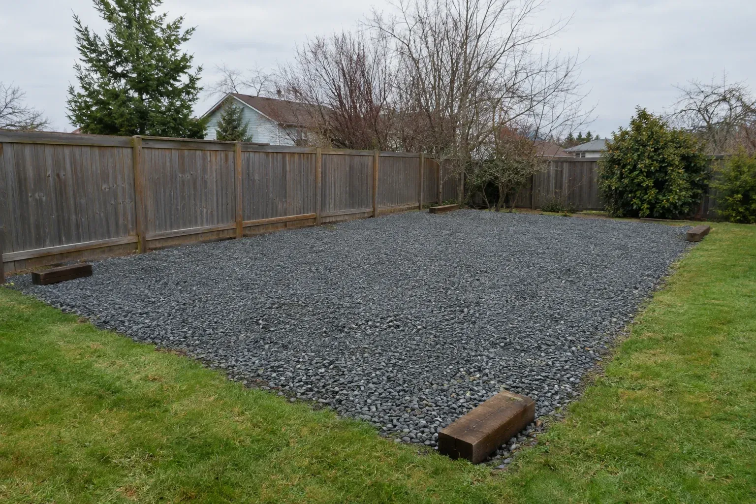 A level gravel pad with railroad ties ready for a container