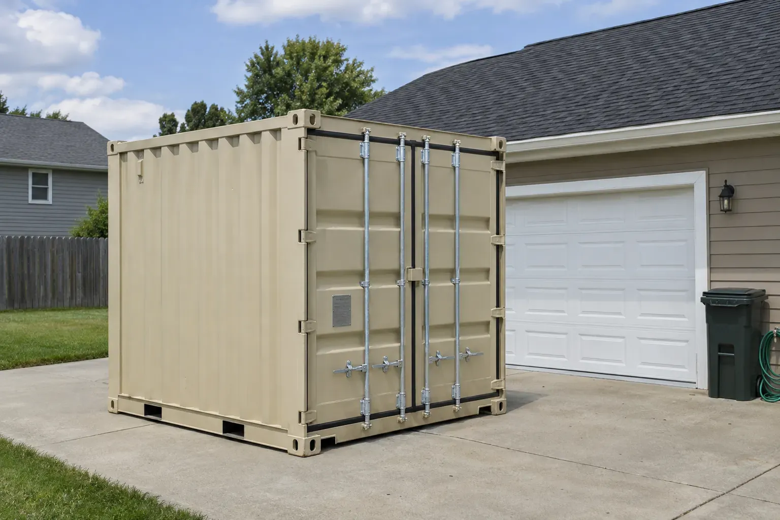 A short tan 10 foot shipping container beside a suburban garage