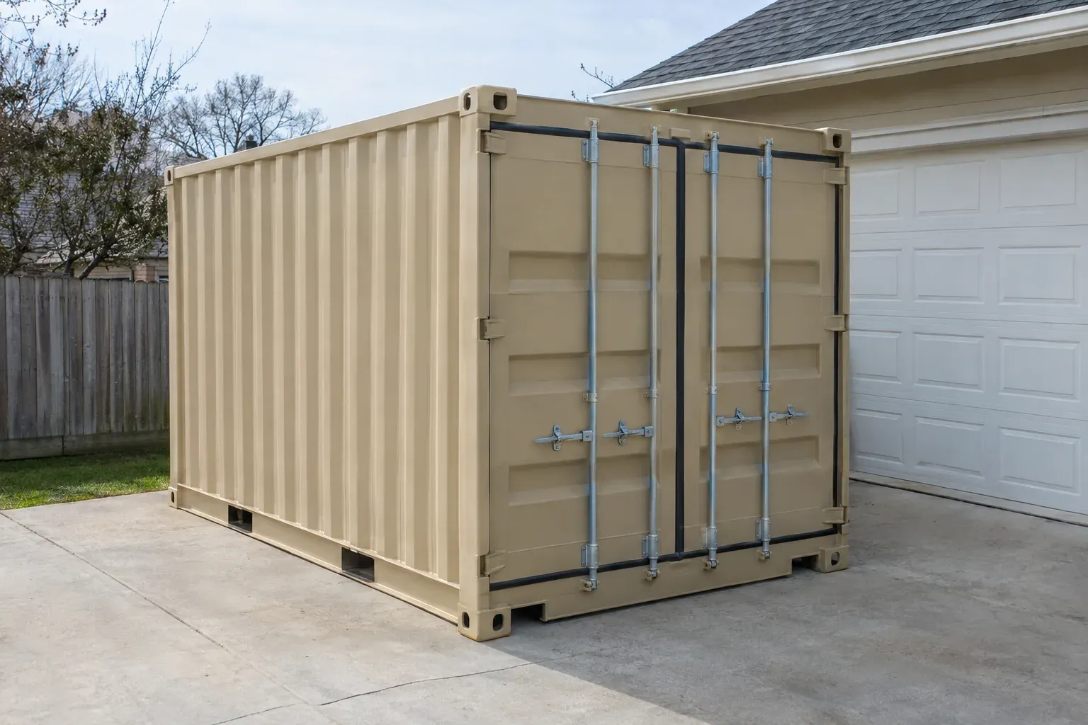 A short tan 10 foot shipping container beside a suburban garage