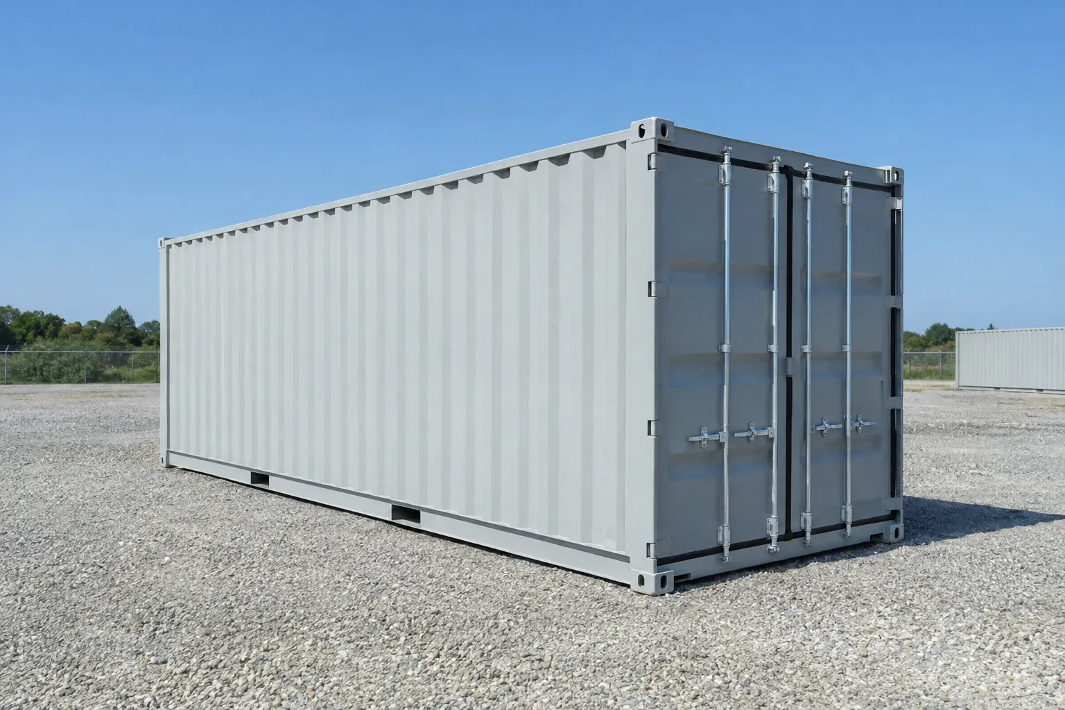 A light grey 20 foot shipping container standing on a gravel yard