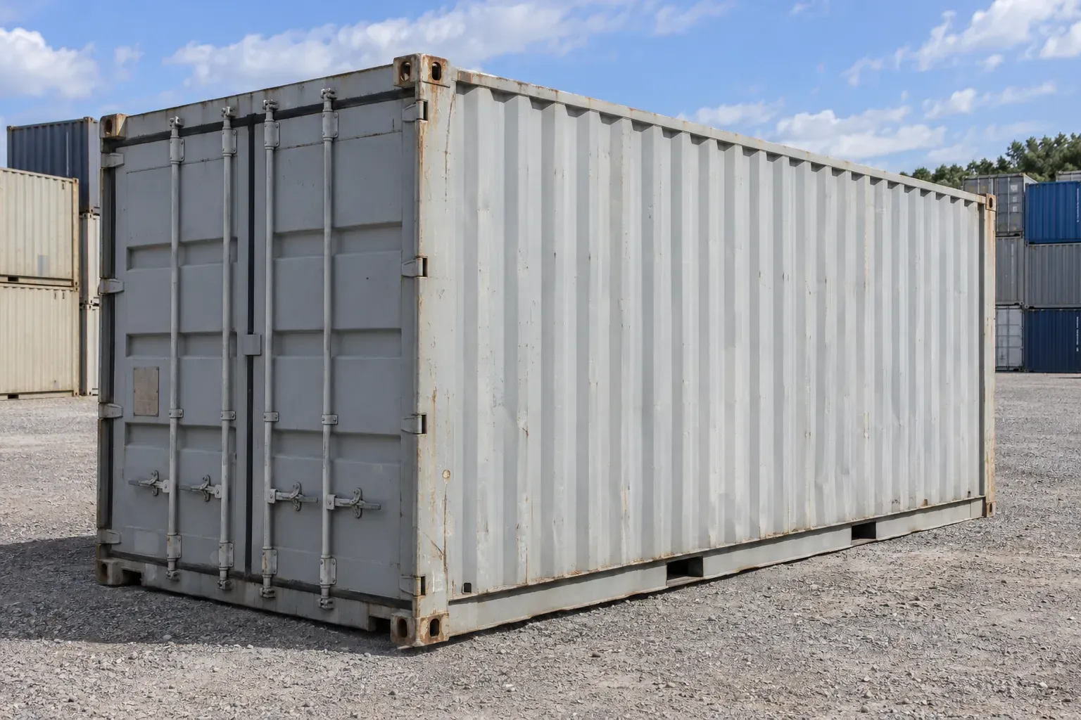 A light grey 20 foot shipping container standing on a gravel yard