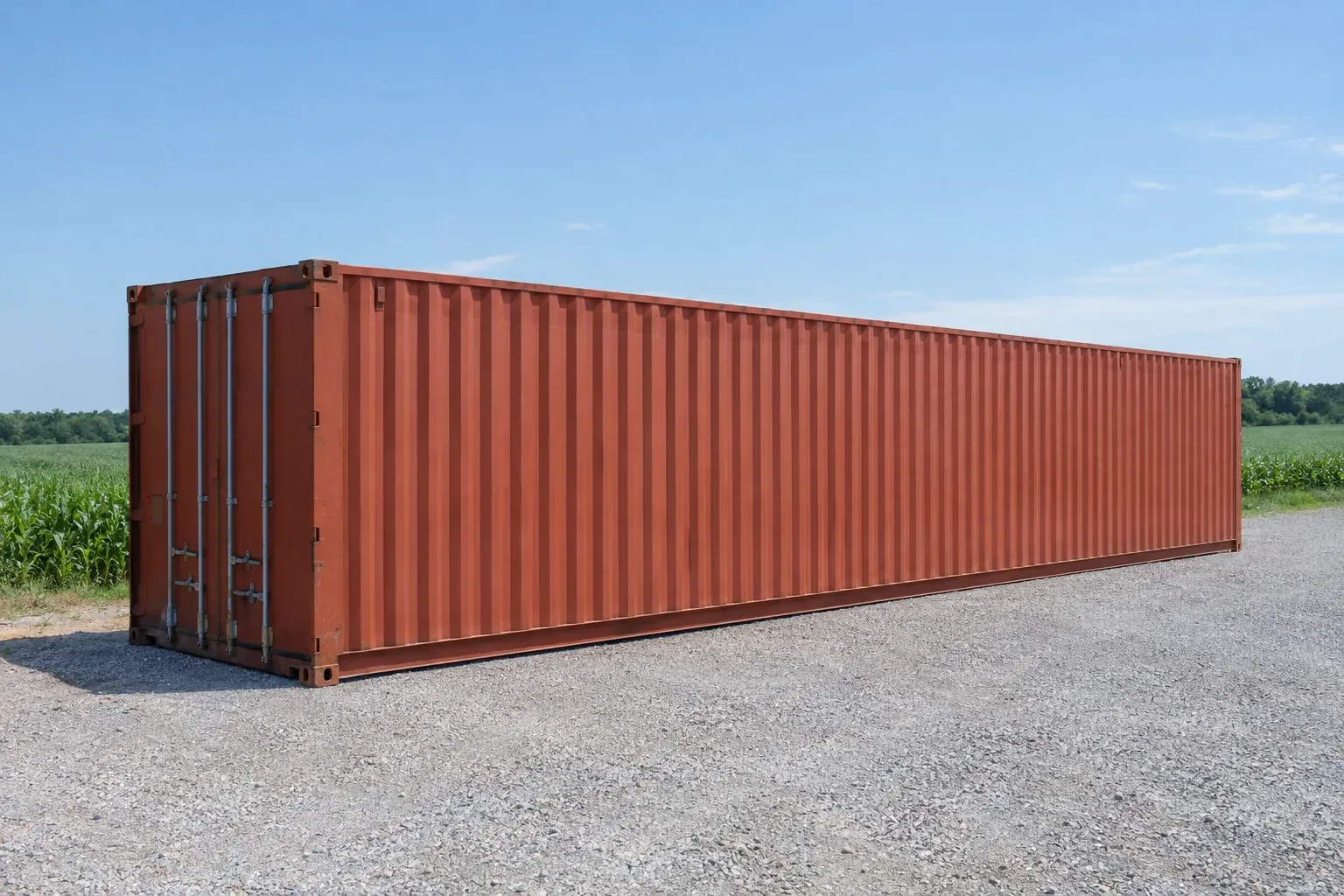 A rust-red 40 foot shipping container on a gravel lot beside a farm field