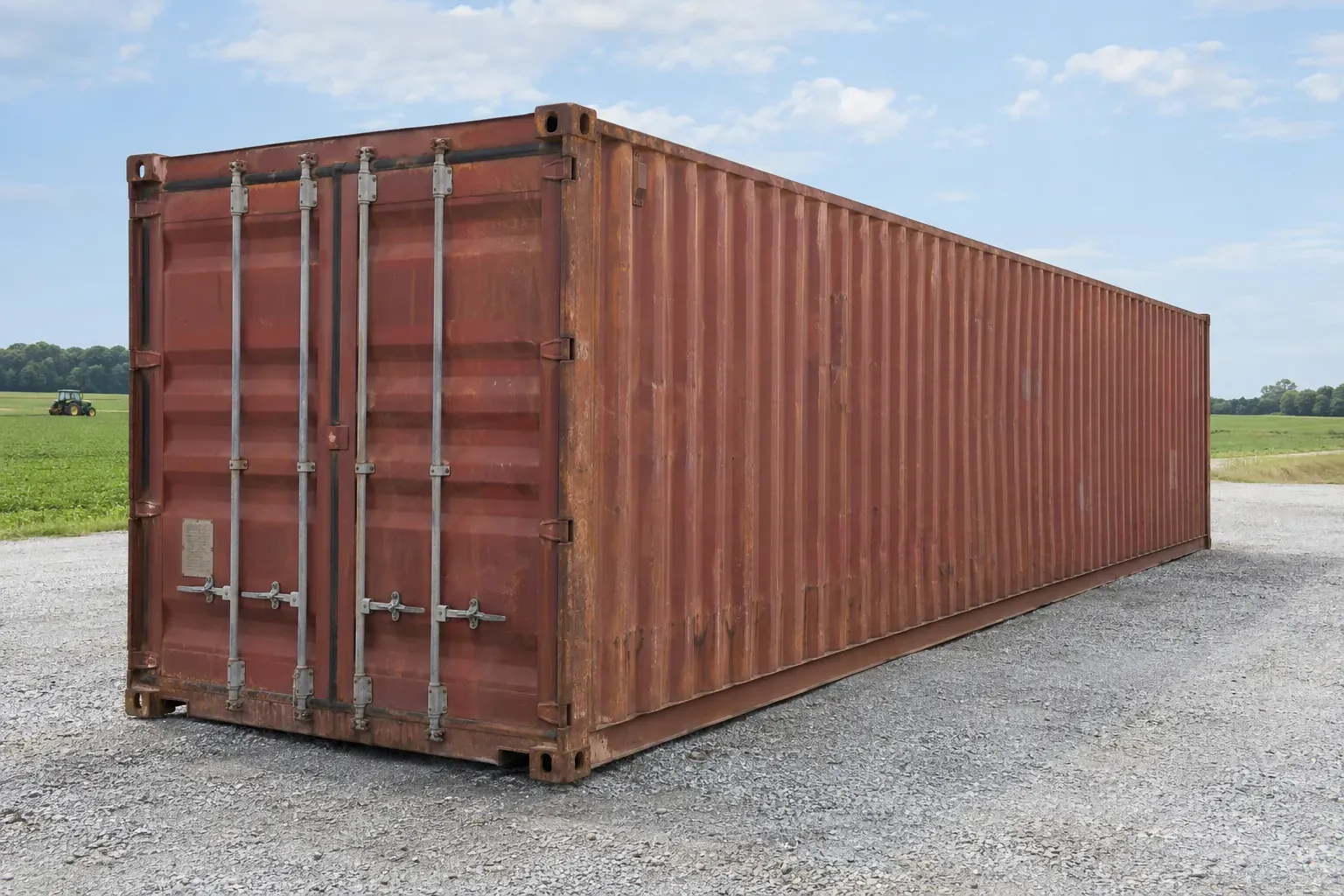 A rust-red 40 foot shipping container on a gravel lot beside a farm field