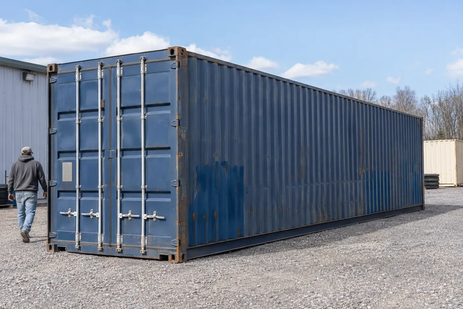 A tall dark blue 40 foot high cube shipping container on a gravel pad