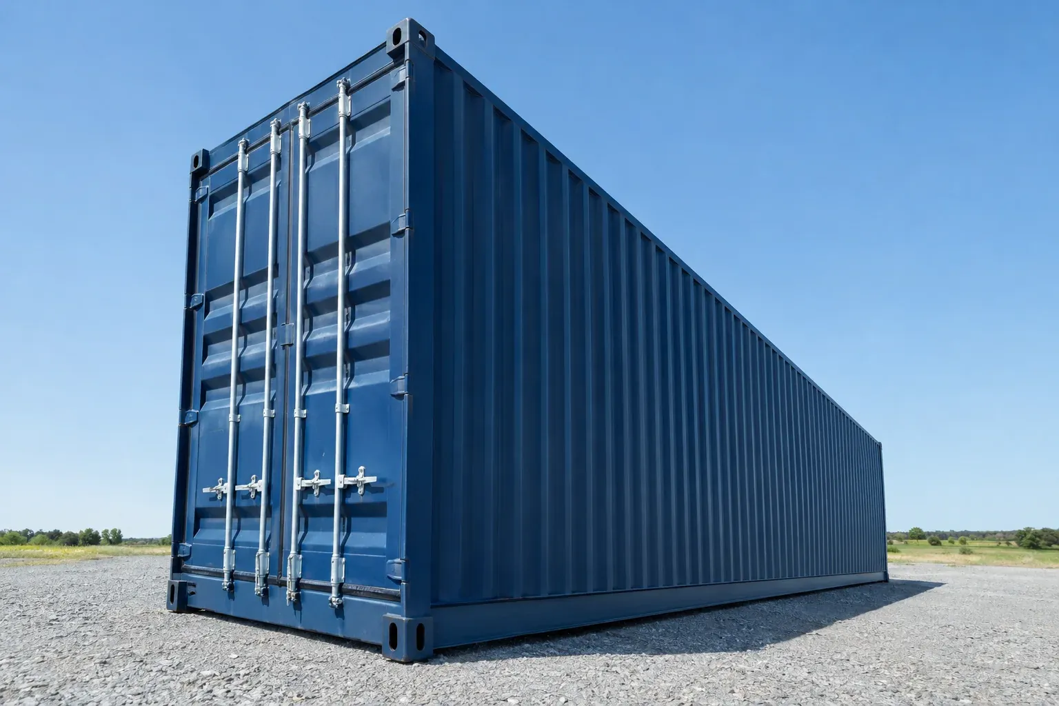 A tall dark blue 40 foot high cube shipping container on a gravel pad