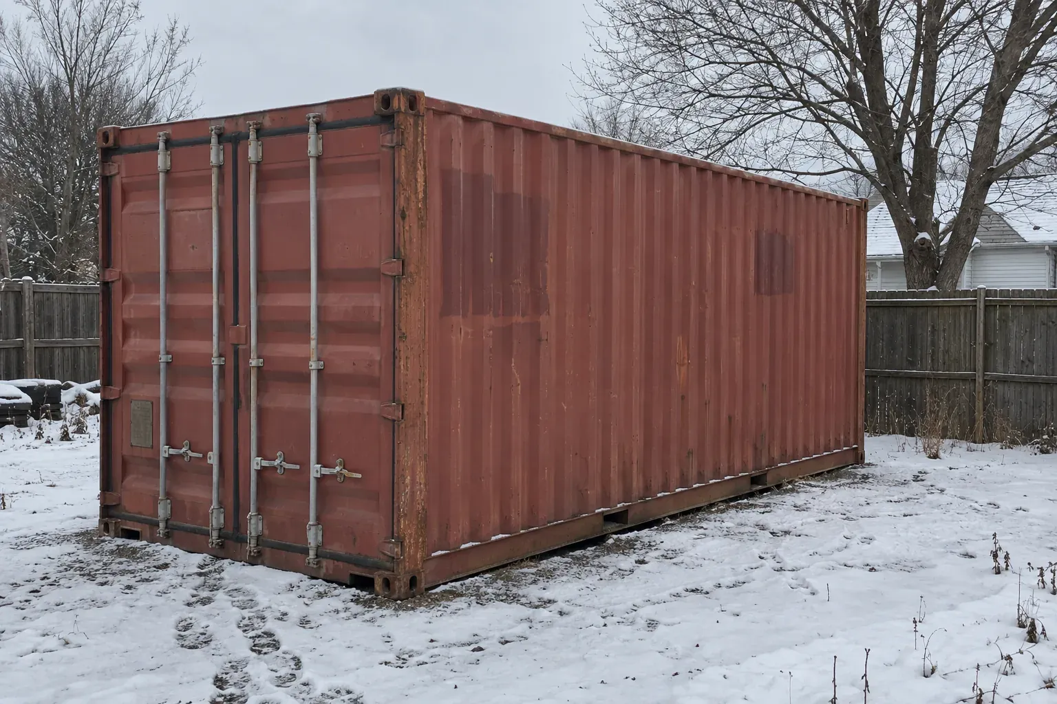 Used red 20ft container in a snowy backyard by a wooden fence in Massachusetts
