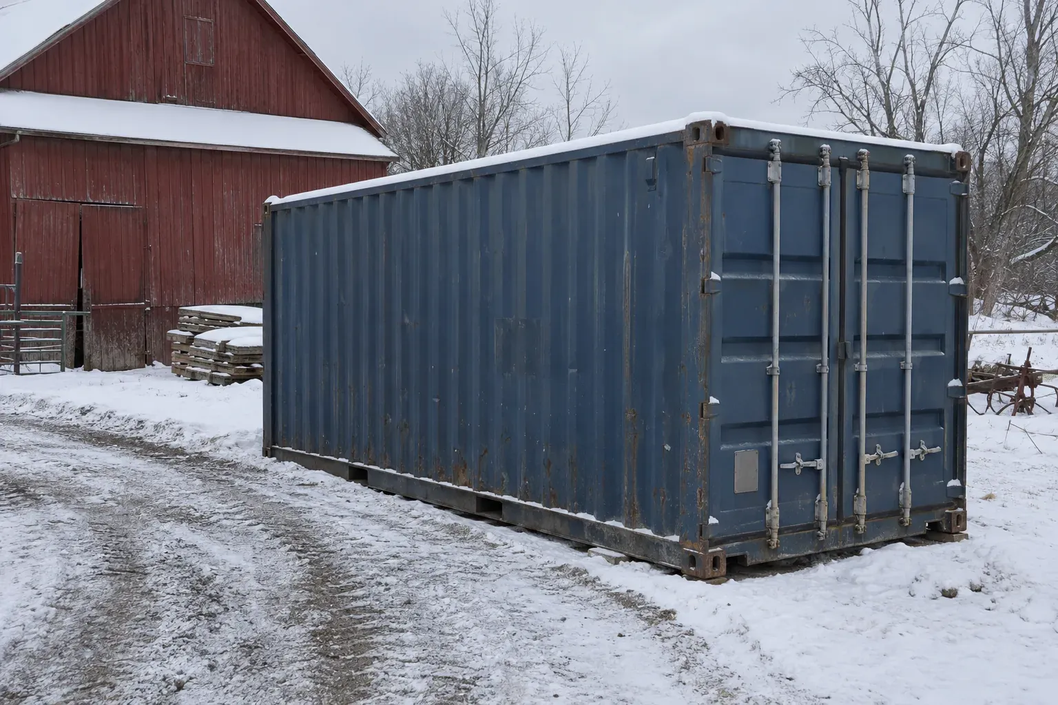 Used blue 20ft container in a snowy farmyard outside Minnesota