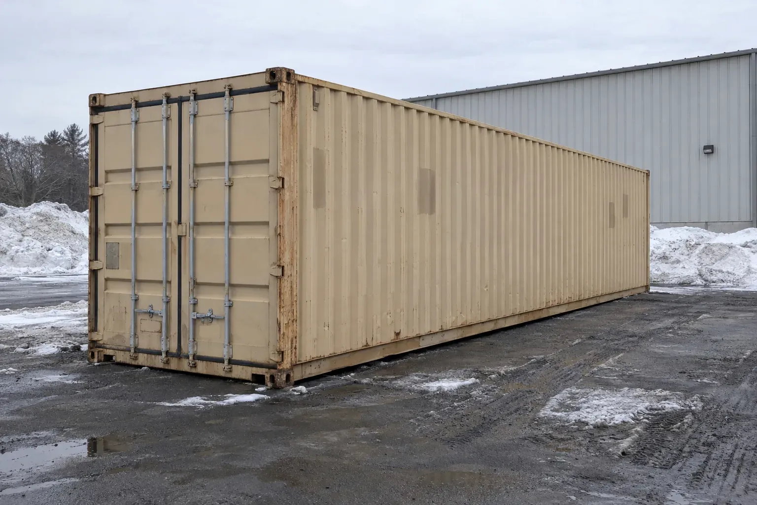Used tan 40ft high cube on a plowed lot behind a warehouse in Wisconsin