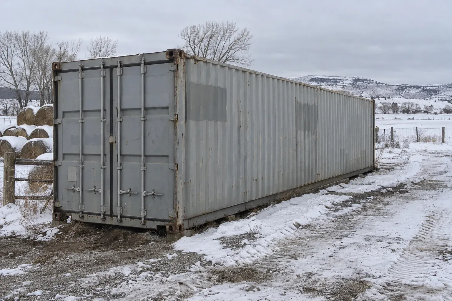 Used grey 40ft container on a snowy ranch with a hay yard outside Idaho