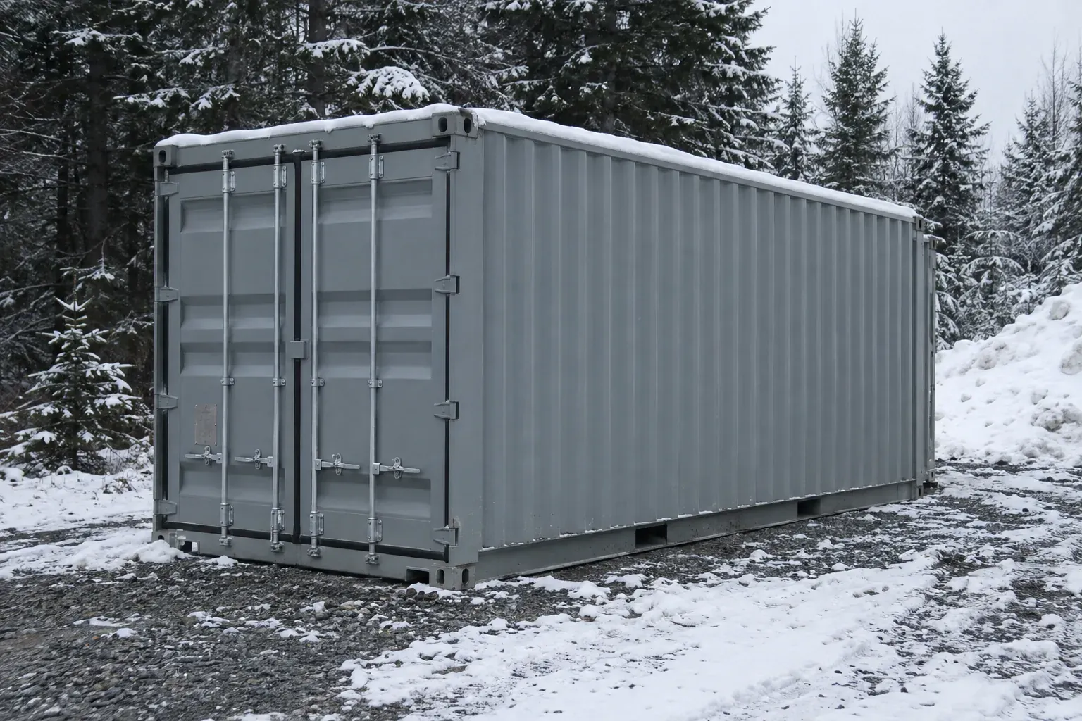 New grey 20ft container on a plowed gravel pad among spruce trees outside Alaska