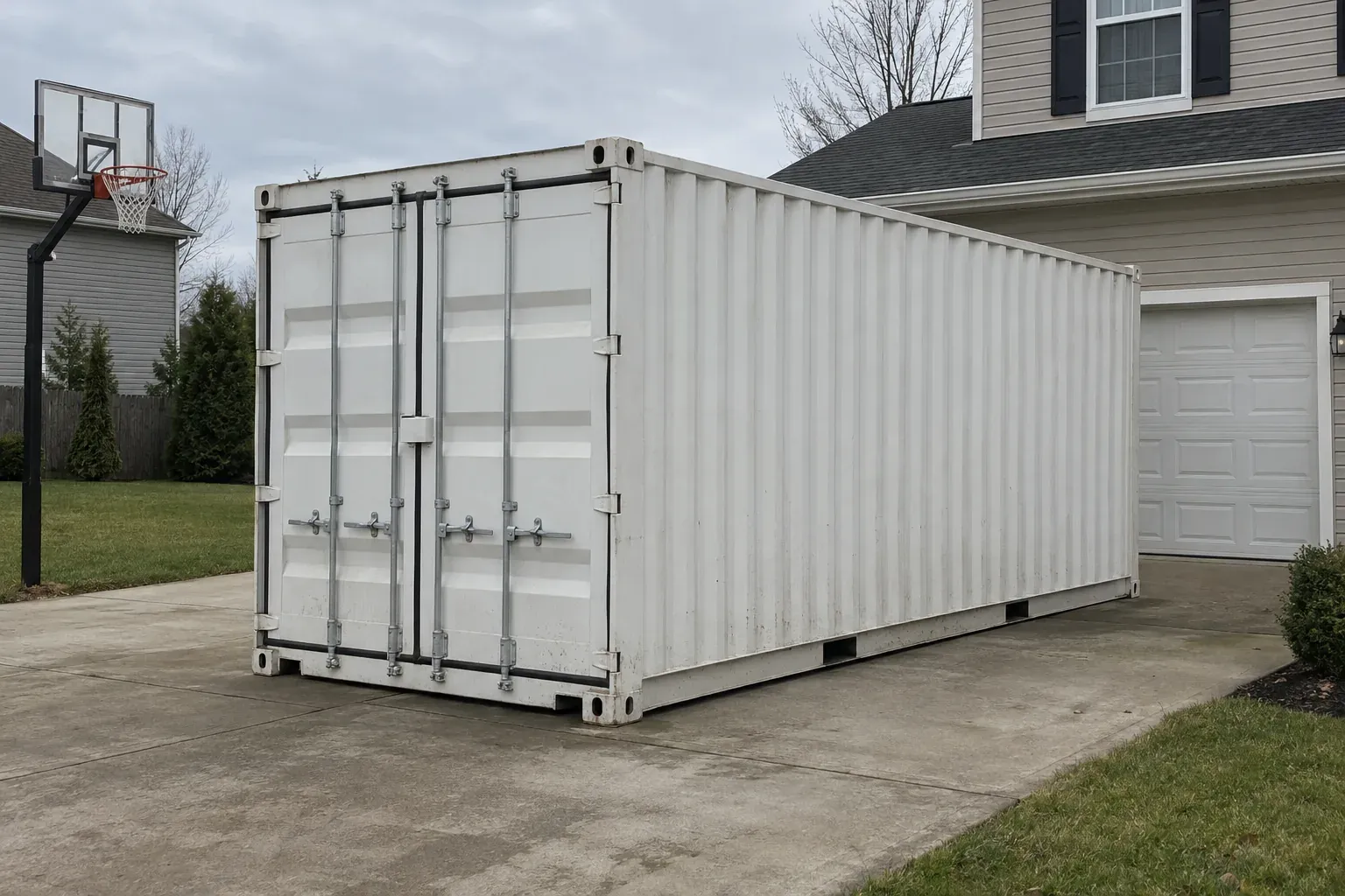 New white 20ft container on a concrete driveway beside a house in Maryland