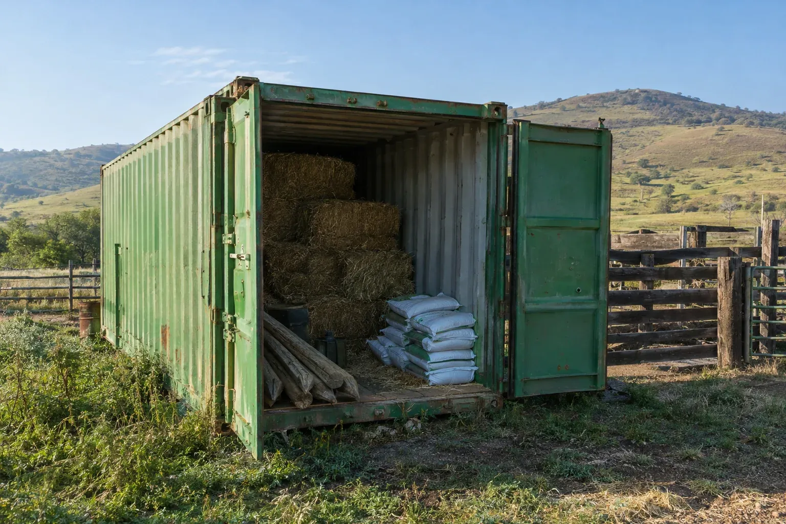 A weathered green container at a ranch pasture with hay bales and feed bags inside