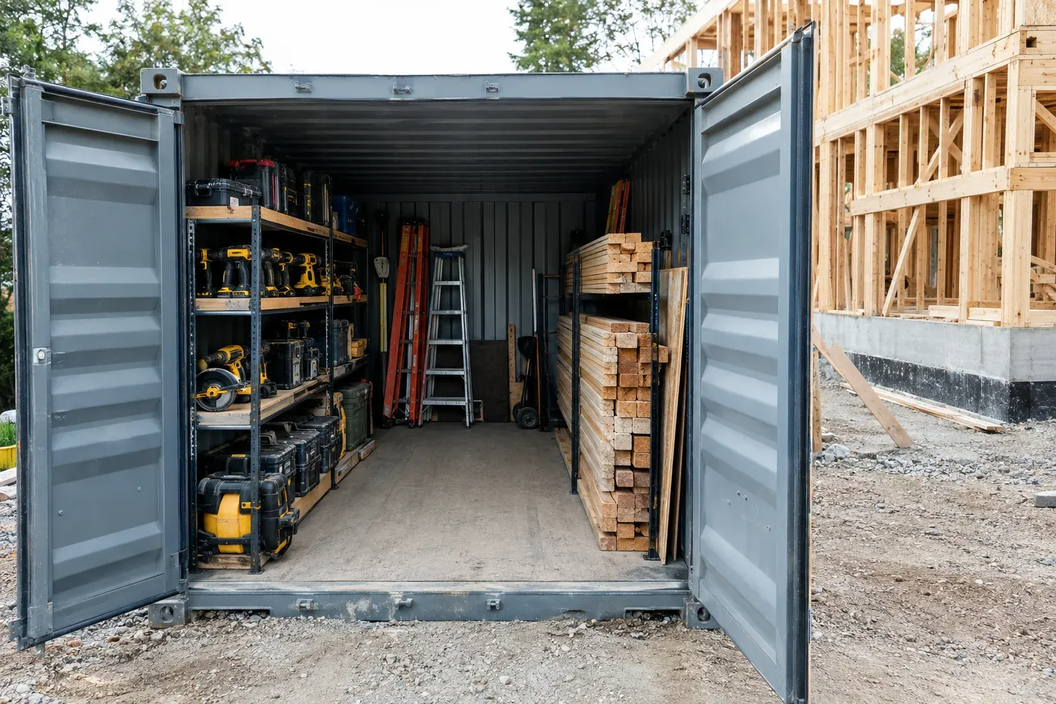 A container on a construction site with tools, ladders and lumber stored inside