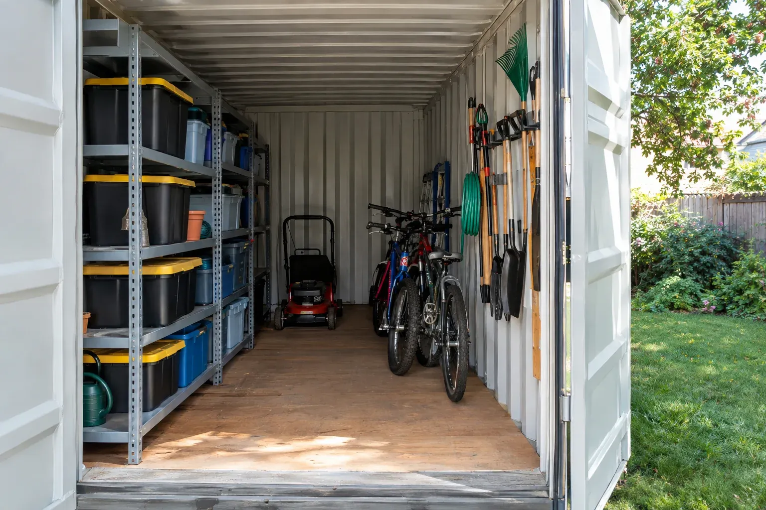 An organized container with shelving, bins, a mower and bicycles inside