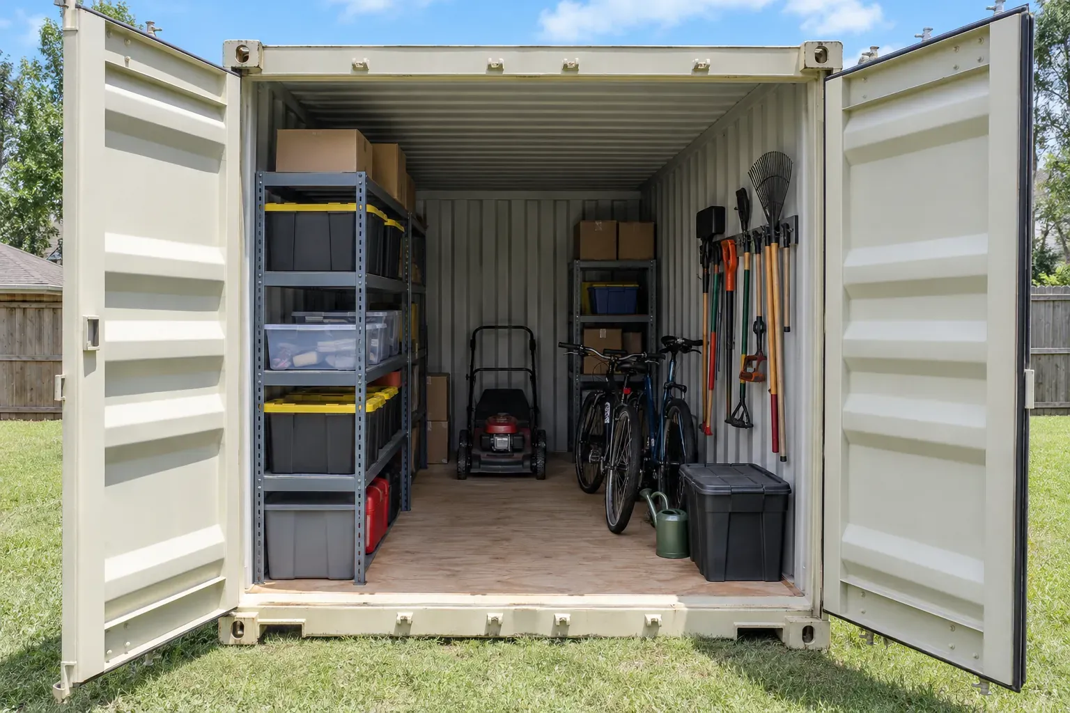 An organized storage container with shelving, bins, a mower and bicycles inside