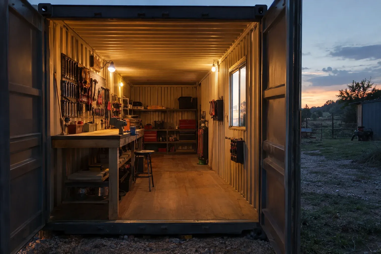 A container converted into a small workshop with a workbench, pegboard and warm lights